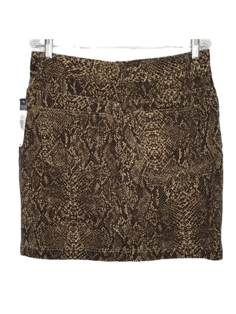 Chaps NWT Size 12 Skirt Knee Snake Reptile Print Stretch Denim Pockets Brown - Picture 2 of 7